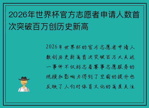 2026年世界杯官方志愿者申请人数首次突破百万创历史新高